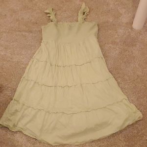 Sage green midi dress with ruffle layers. Subtle dots in fabric. J Crew 2x